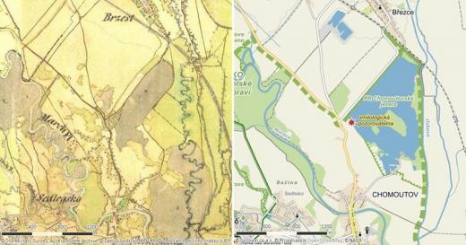 Porovnání území dnešního Chomoutovského jezera v první polovině devatenáctého století a v roce 2013.