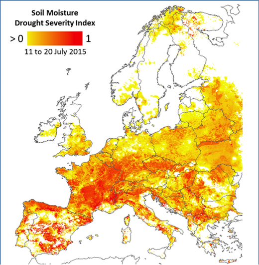 Úroveň indexu půdní vlhkosti (1 – extrémní půdní sucho) v Evropě v období od 11. do 20. července 2015.