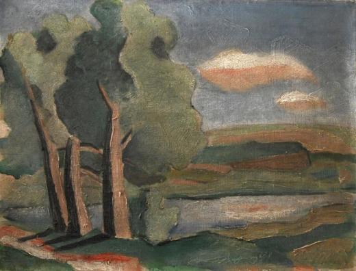 Bohdan Lacina: Rybník s červánky (začátek 30. let 20. století); olej na plátně, 30,5 × 39 cm 